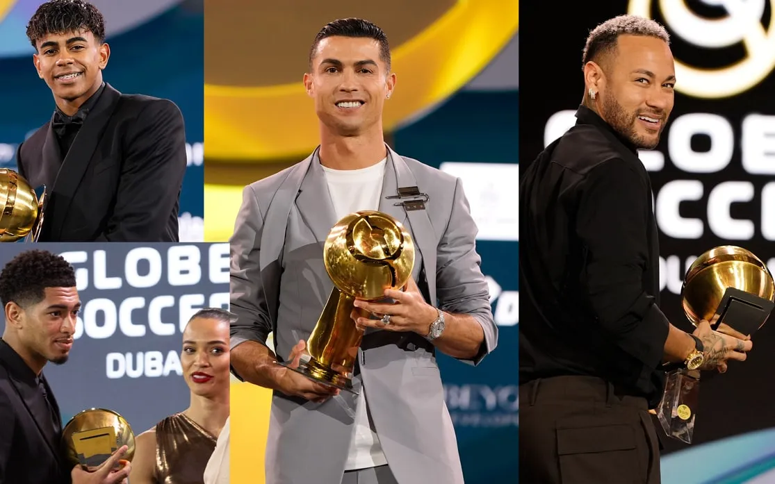 Winners holding trophies at the Globe Soccer Awards in Dubai