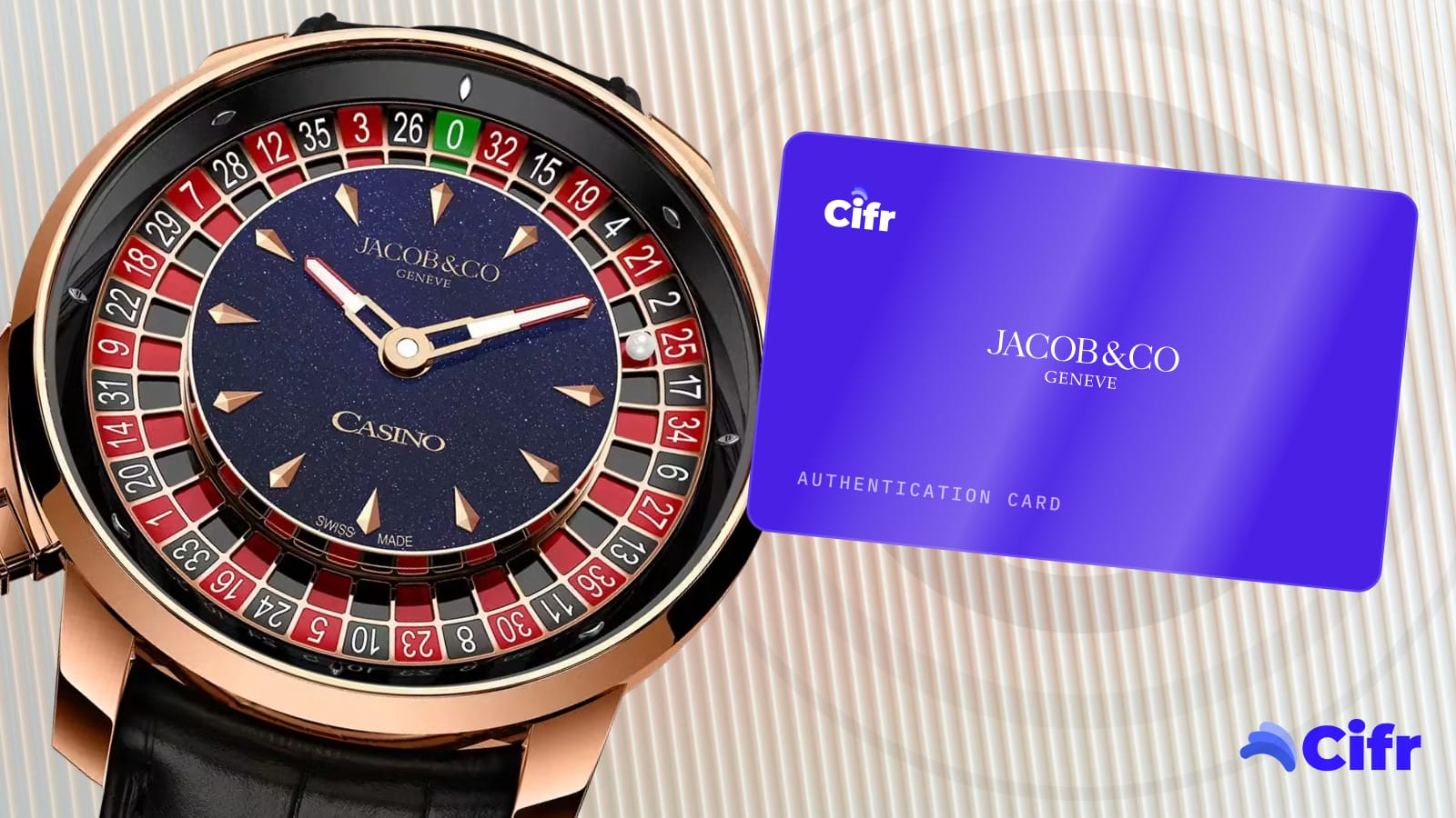 A Jacob & Co. Casino timepiece beside its Cifr authentication card, which carries ownership through every resale